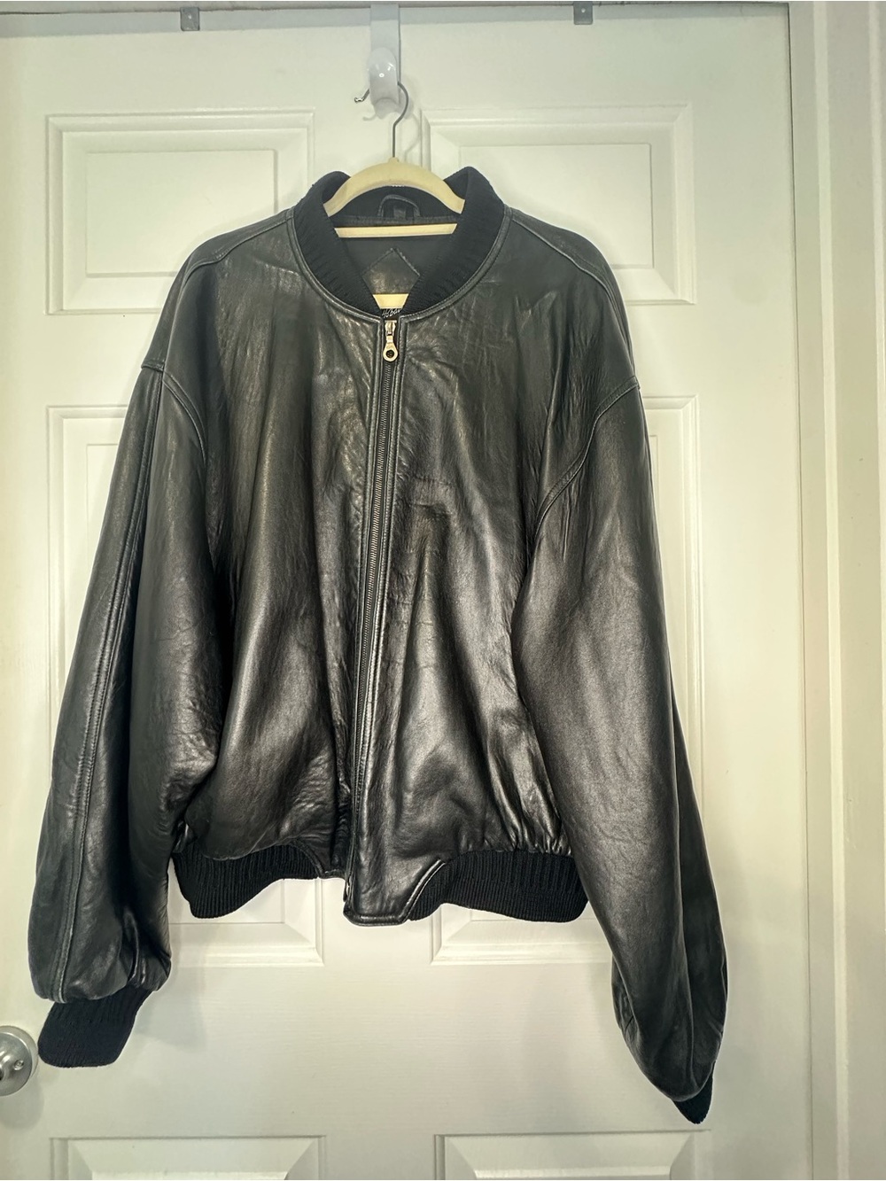 Michael Hoban Vintage 90s North Beach Black Leather Oversized Bomber Jacket, XL